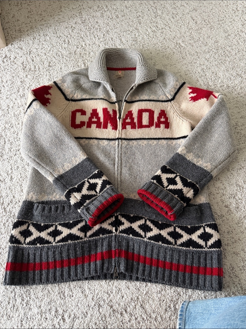 CANADA Zip-Front Wool Blend Sweater Cardigan - Gray, Cream & Red